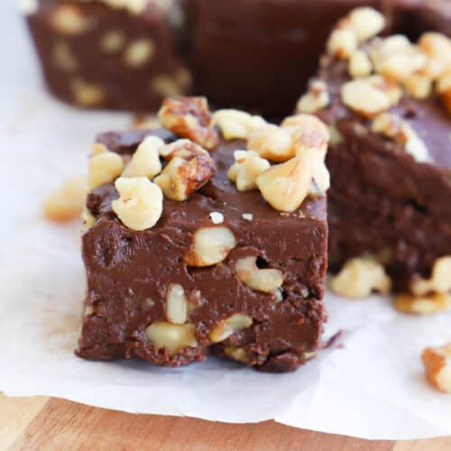 Chocolate Walnut Fudge on a wooden board