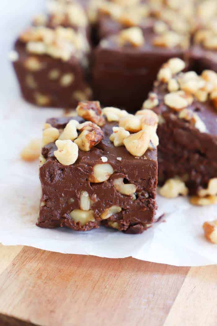 Chocolate Walnut Fudge on a wooden board