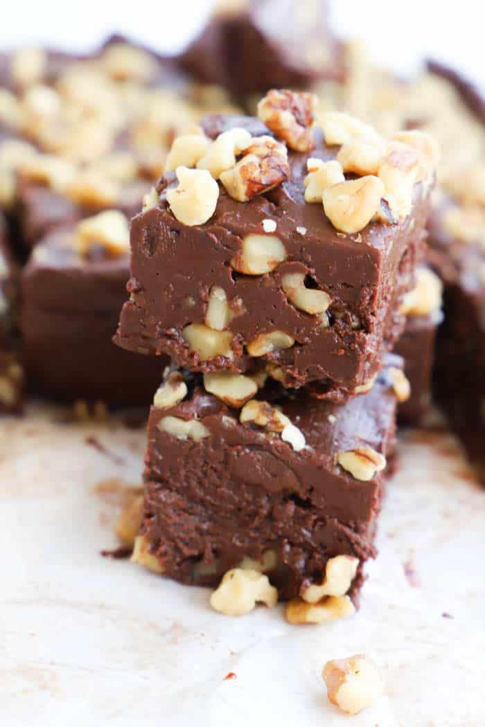 Chocolate Walnut Fudge stacked on top of each other
