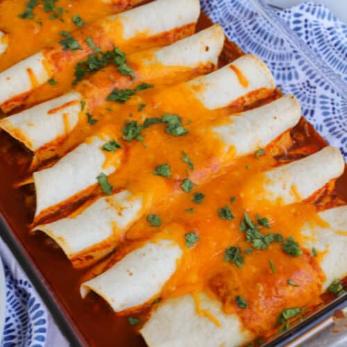 Easy Beef Enchiladas in the casserole dish