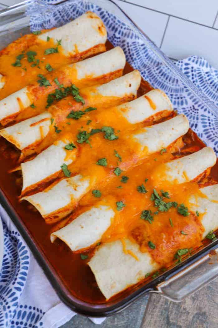 Easy Beef Enchiladas in the casserole dish