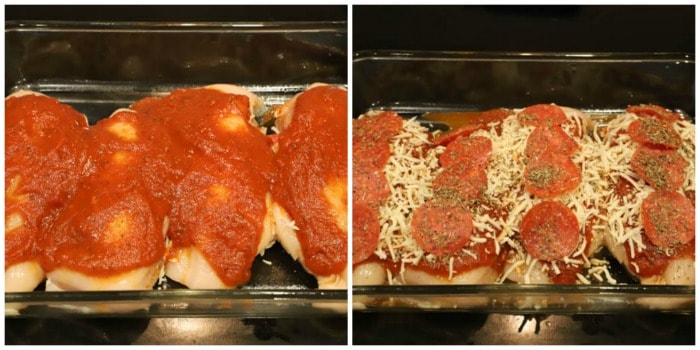 chicken in casserole dish with toppings before baking