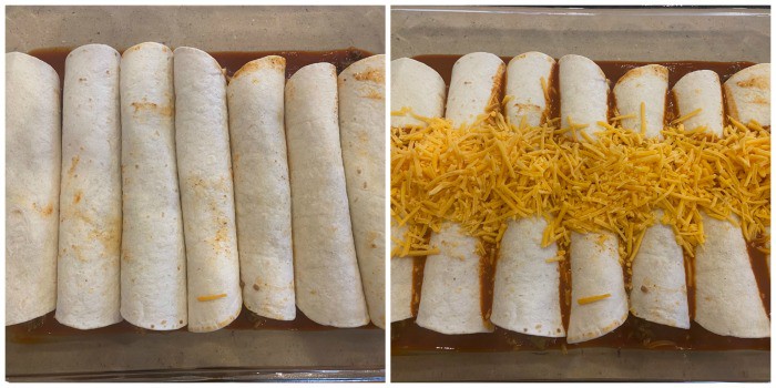 adding filled tortillas to the casserole dish