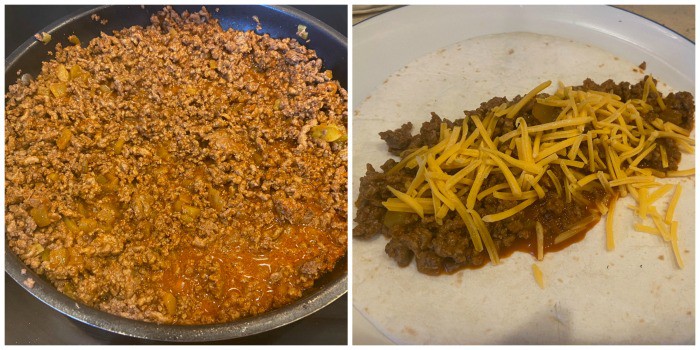 process shot cooking beef and adding to the tortilla