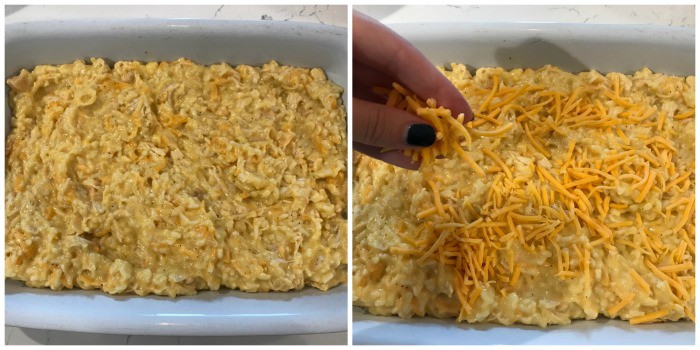 Cheesy Ranch Chicken and Rice Casserole the casserole dish adding cheese