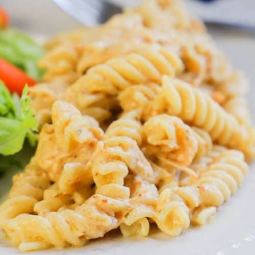 Slow Cooker Italian Chicken Pasta on a white plate