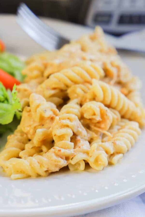 Slow Cooker Italian Chicken Pasta on a white plate