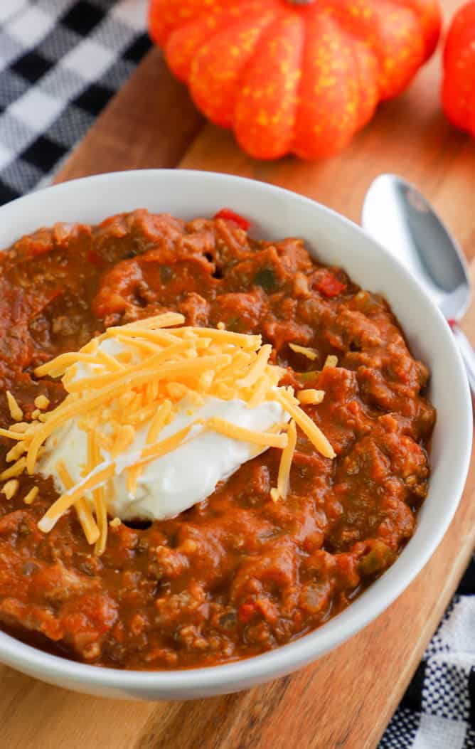 Slow Cooker Pumpkin Chili in a white bowl