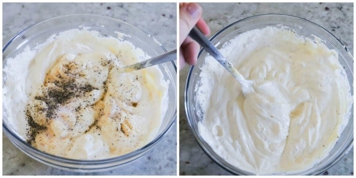 mixing sour cream and cream of chicken soup with seasonings