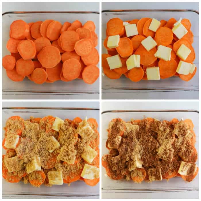 sliced yams prepped in a casserole dish before baking