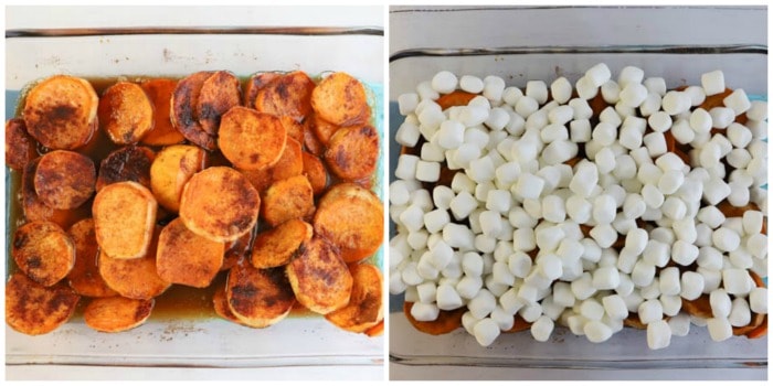 adding marshmallows to the mixed up yams