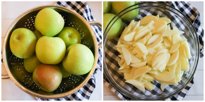 apples in a clear dish peeled and unpeeled