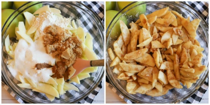 adding ingredients to the apples and mixing them