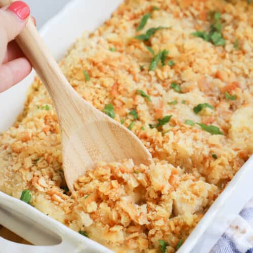 Cream Cheese Ritz Cracker Casserole on a wooden spoon