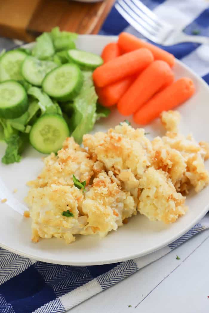 Cream Cheese Ritz Cracker Casserole with salad and carrots as sides