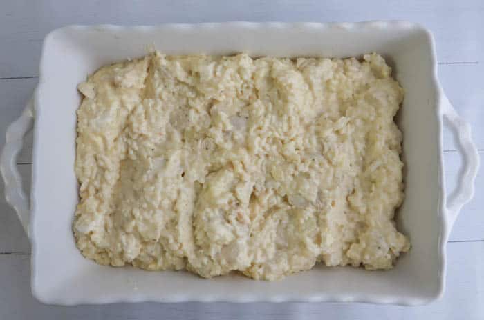 Ingredients in a white casserole dish