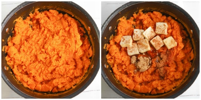 sweet potatoes cooked and mashed and adding butter and seasoning