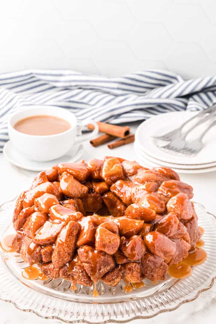 monkey bread with coffee in the background. 