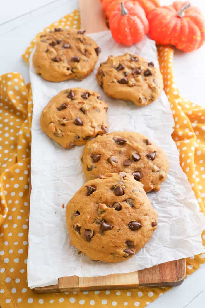 Pumpkin Chocolate Chip Cookies on a wooden board