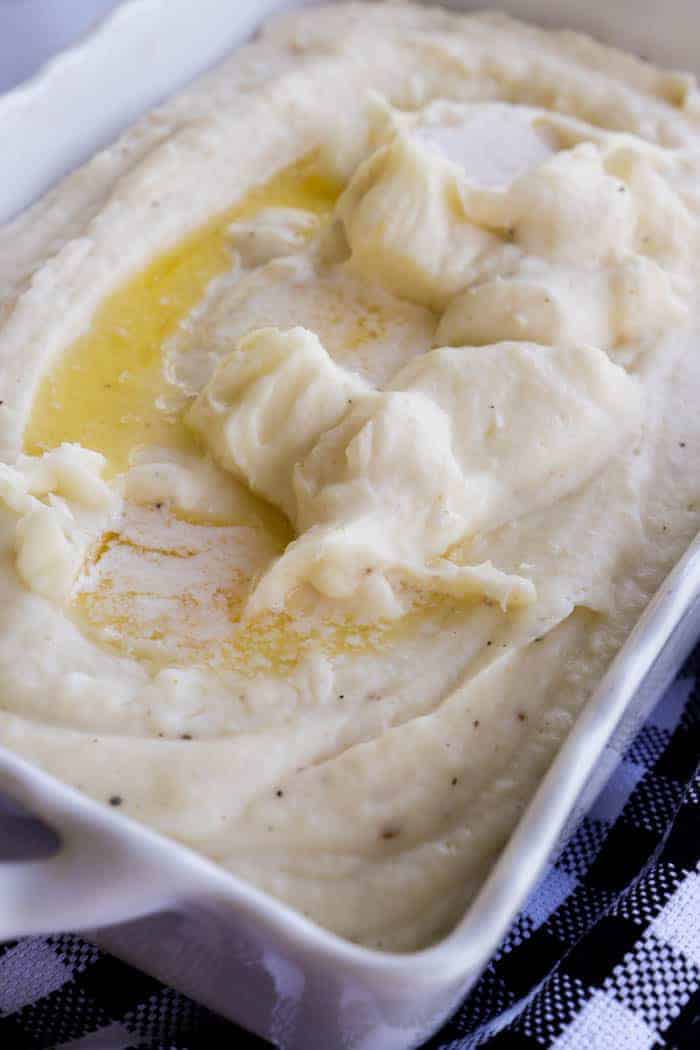World\'s Best Mashed Potatoes in a casserole dish after baking
