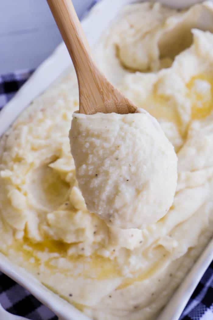 World\'s Best Mashed Potatoes on a spoon