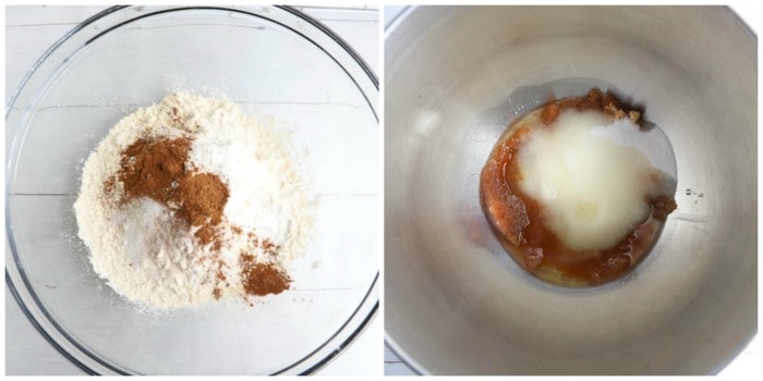 mixing dry and wet ingredients in separate bowls. 