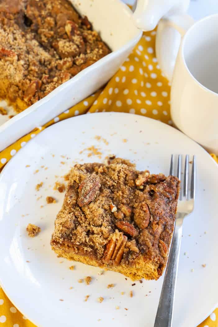 Pumpkin Spice Coffee Cake on a plate with a fork