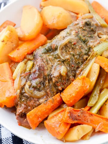 Slow Cooker Pot Roast in a white bowl