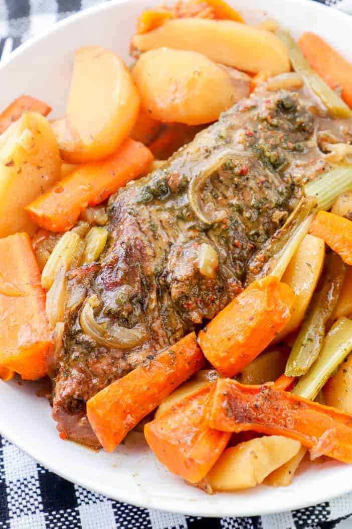 Slow Cooker Pot Roast in a white bowl