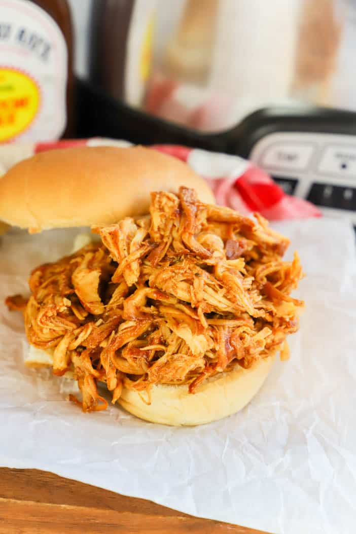 Slow Cooker Pulled BBQ Chicken on a bun