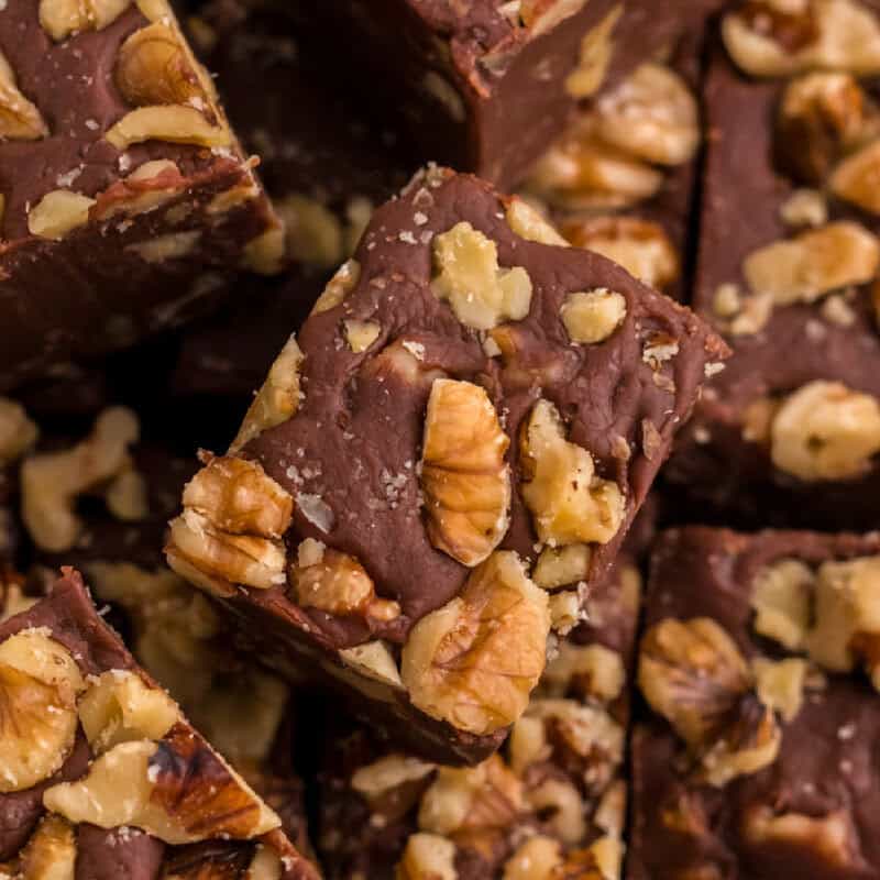 Chocolate Walnut Fudge stacked on top of each other