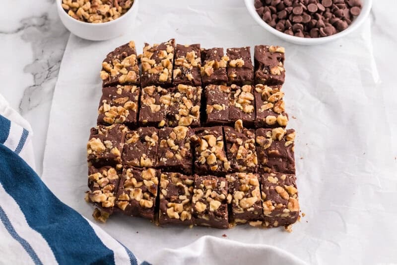 Chocolate Walnut Fudge removed from the pan and cut into slices