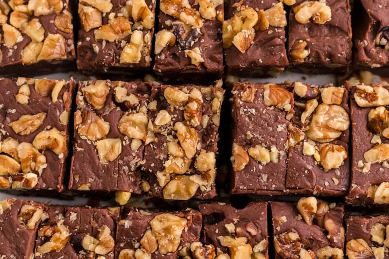 Chocolate Walnut Fudge sliced up and ready to serve