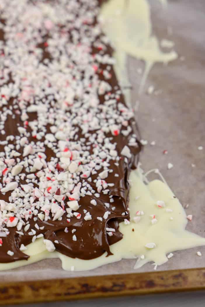 adding peppermint to the bark before chilling