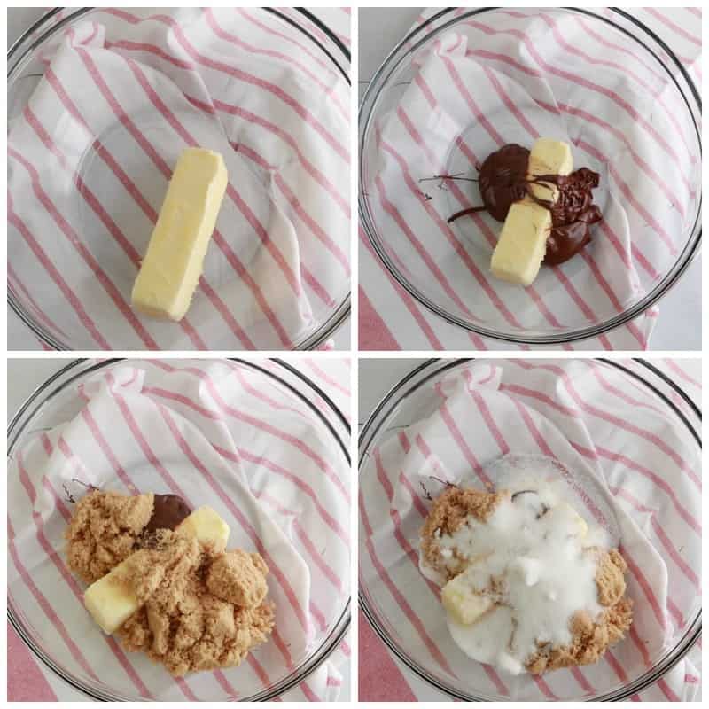 butter, chocolate, and sugar added to a clear bowl