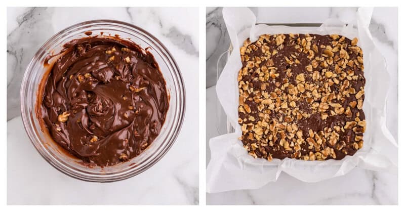 Chocolate Walnut Fudge adding to the dish with walnuts on top