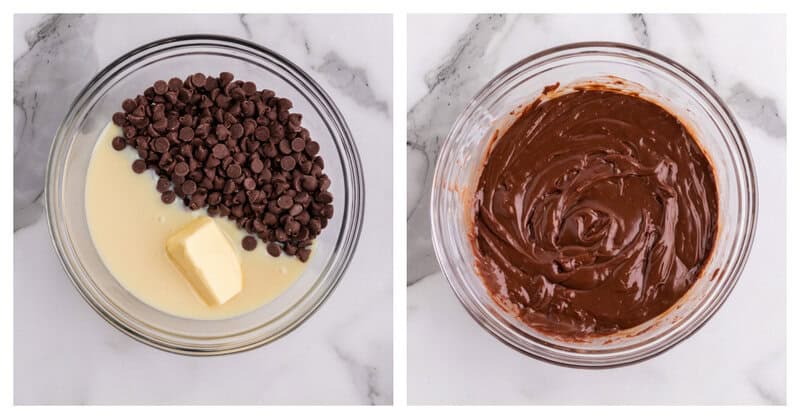 Chocolate Walnut Fudge in a clear mixing bowl being ready to melt