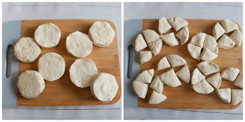 biscuits on a cutting board sliced for topping