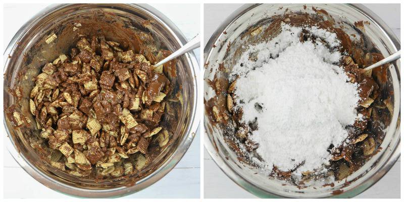 chocolate covered cereal in a mixing bowl