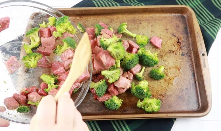 pouring ingredients on to baking sheet