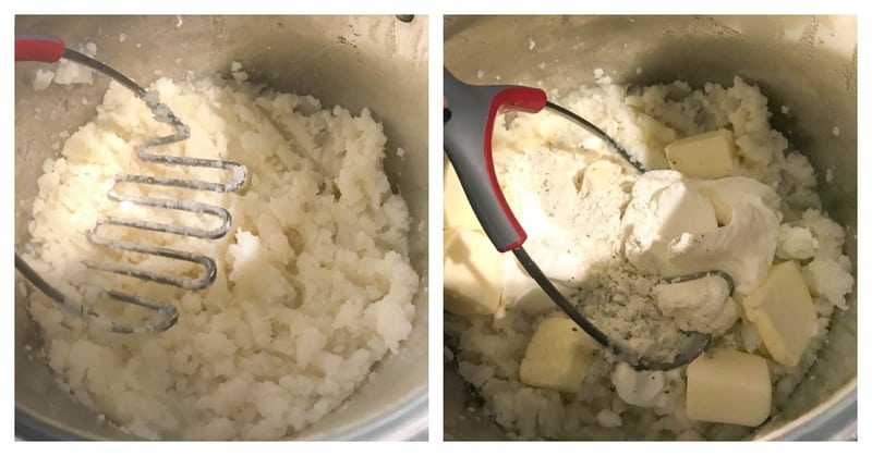 potatoes being mashed in a pot