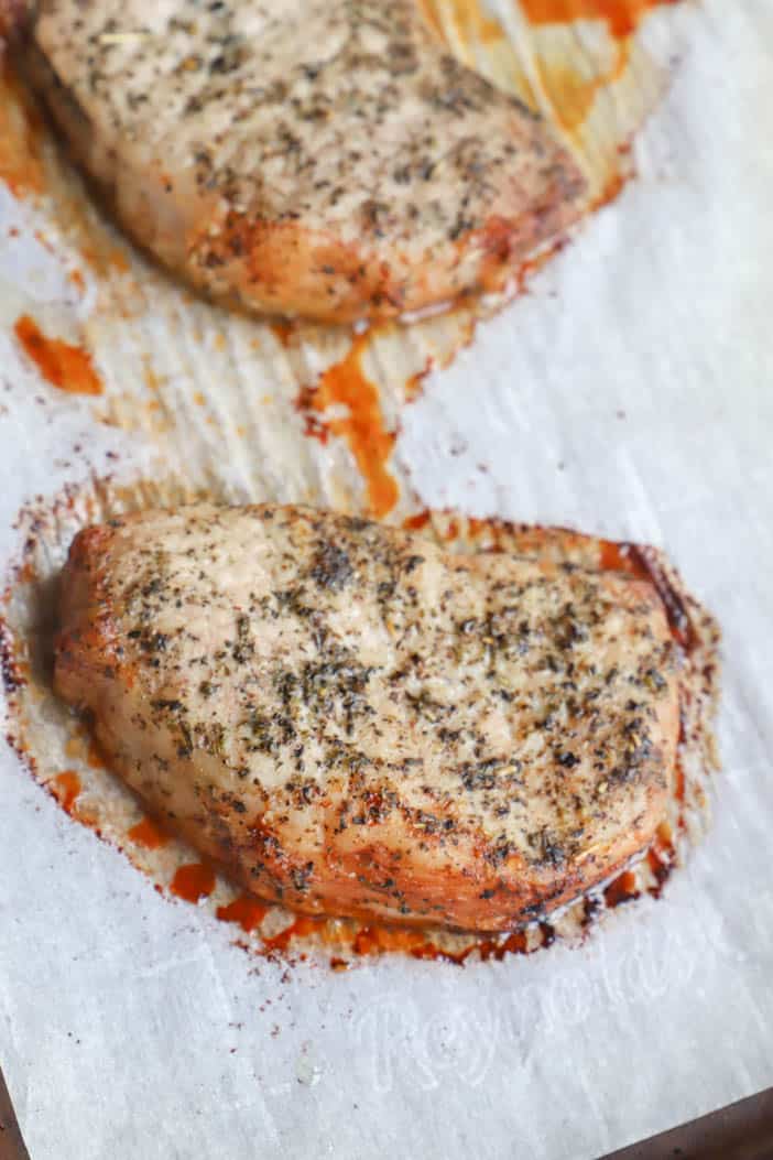 Baked Pork Chops on a baking sheet