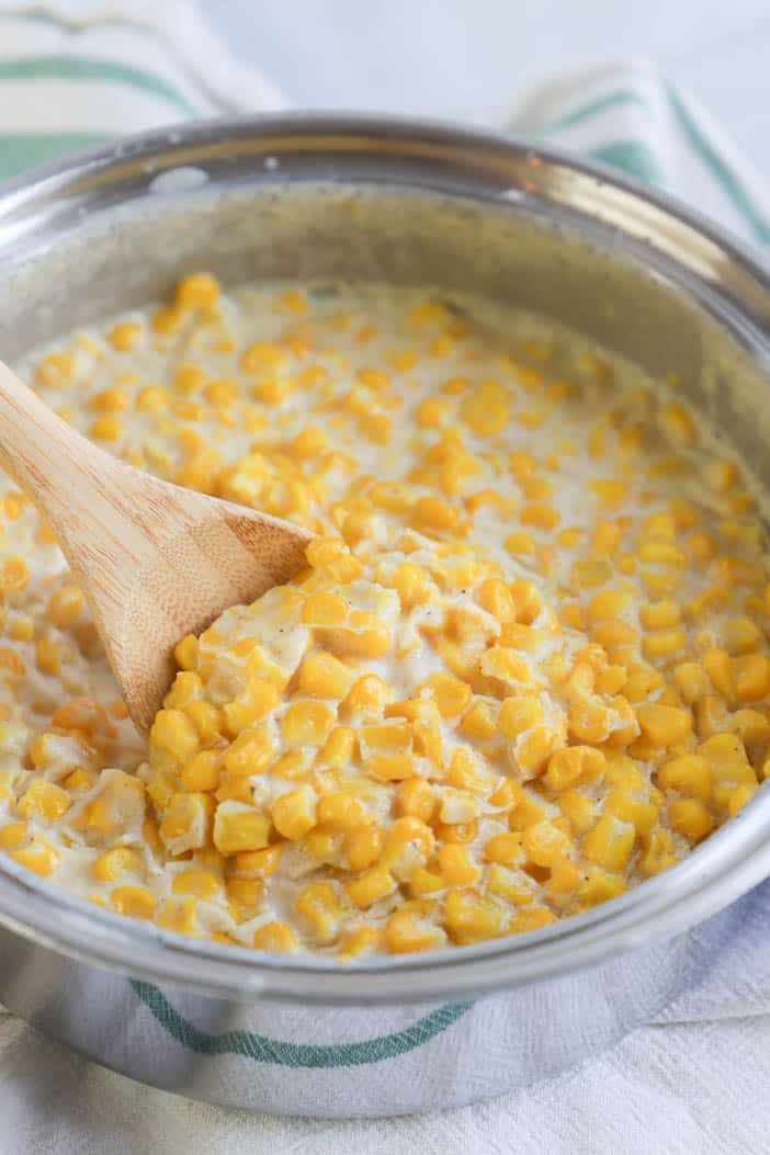 Cream Corn in a silver skillet