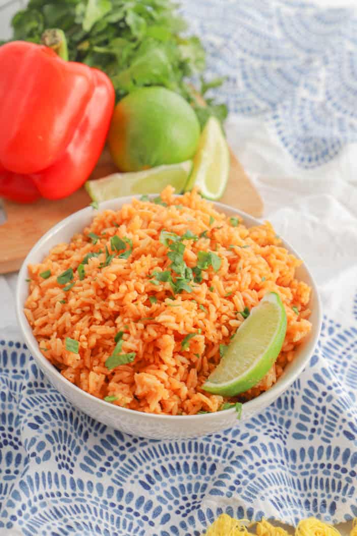 Mexican Rice in a bowl with lime