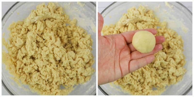 mixing dough in hand and forming balls for baking.