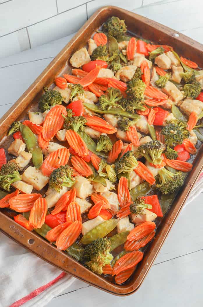 Sheet Pan Teriyaki Chicken and Vegetables on the pan