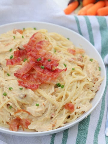 Slow Cooker Chicken Bacon Ranch Pasts in a white bowl