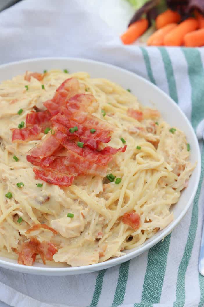 Slow Cooker Chicken Bacon Ranch Pasts in a white bowl