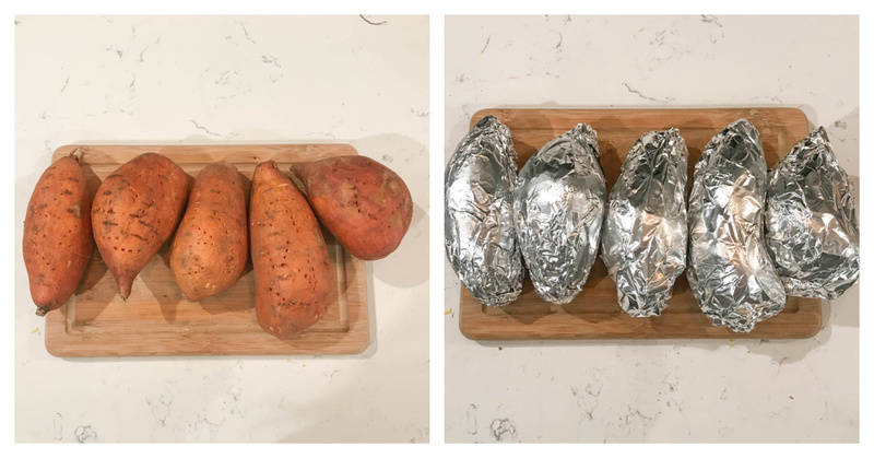 potatoes being wrapped in foil