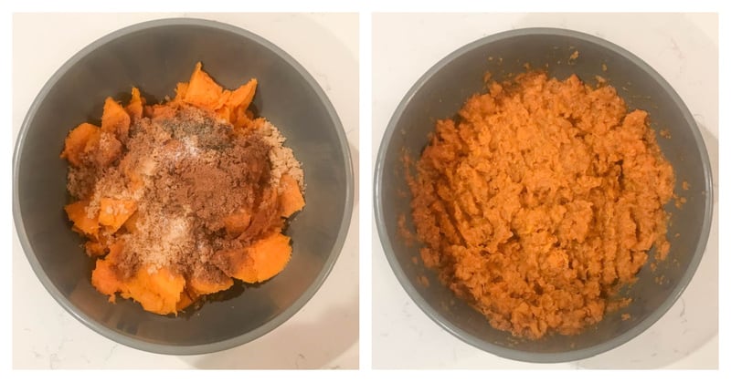 mixing ingredients for twice baked sweet potatoes in a bowl